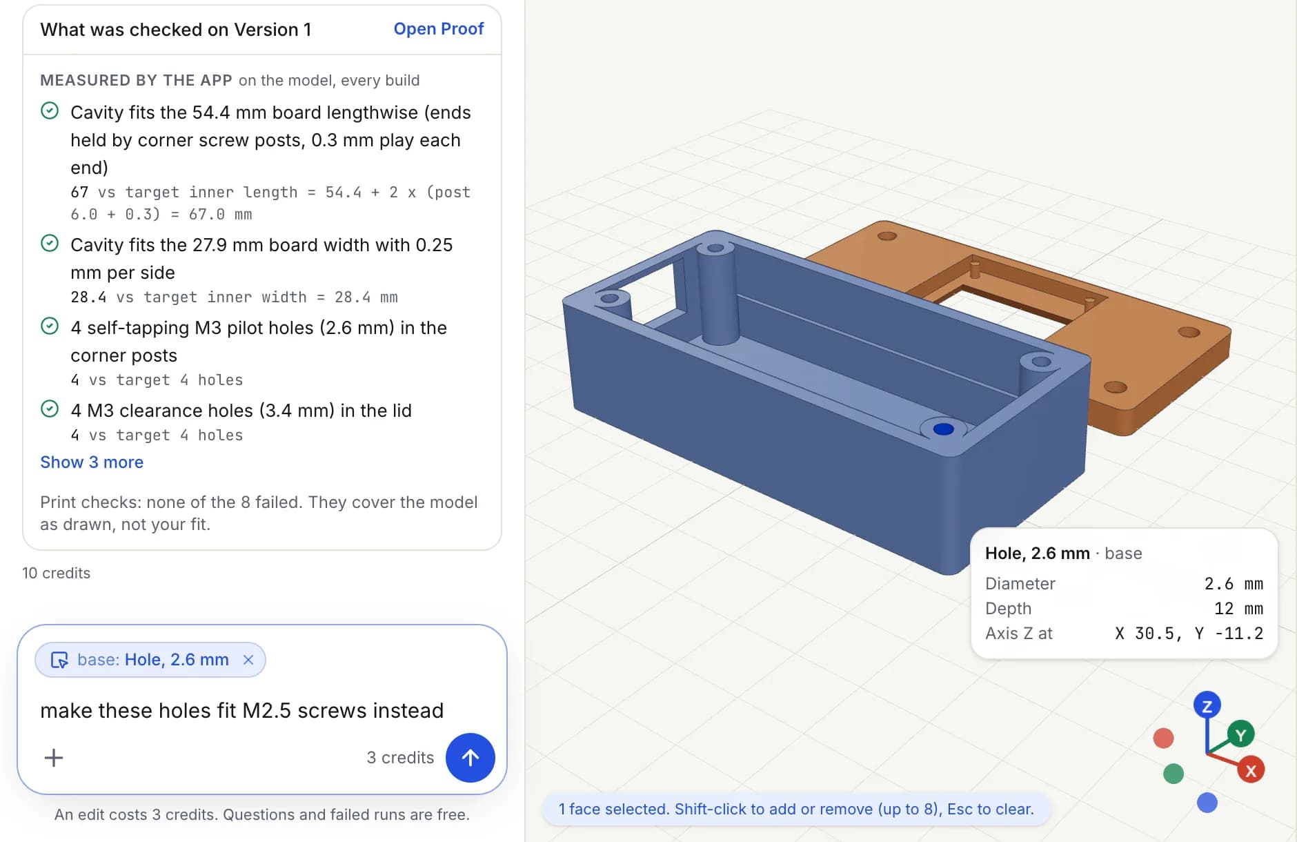 Text to CAD with BuildCAD AI: an ESP32 case designed by the AI agent, with a hole selected on the lid to point at it in the chat