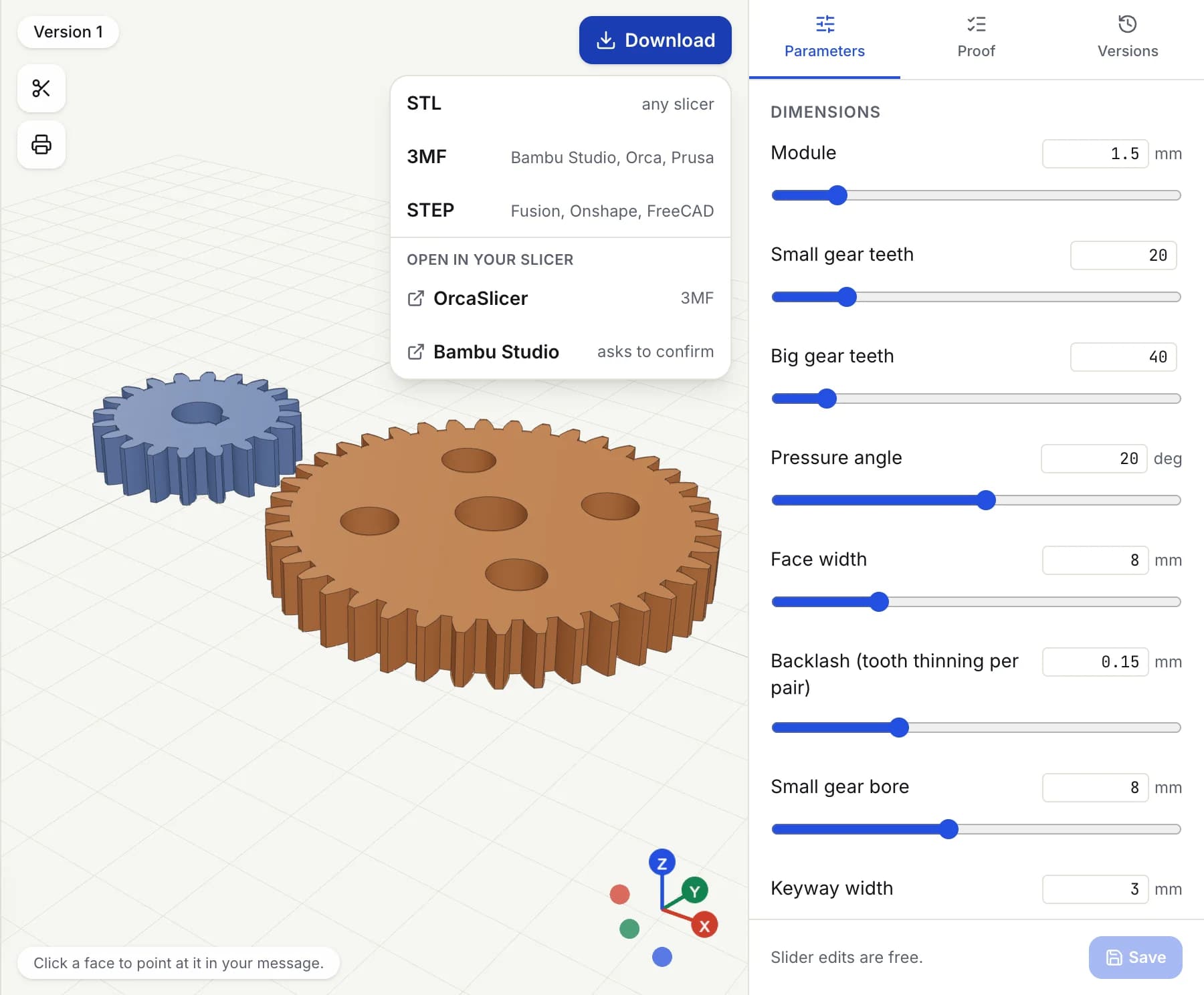 BuildCAD AI download menu with STL, 3MF and STEP export and Open in OrcaSlicer or Bambu Studio, next to the parameter sliders of a spur gear pair