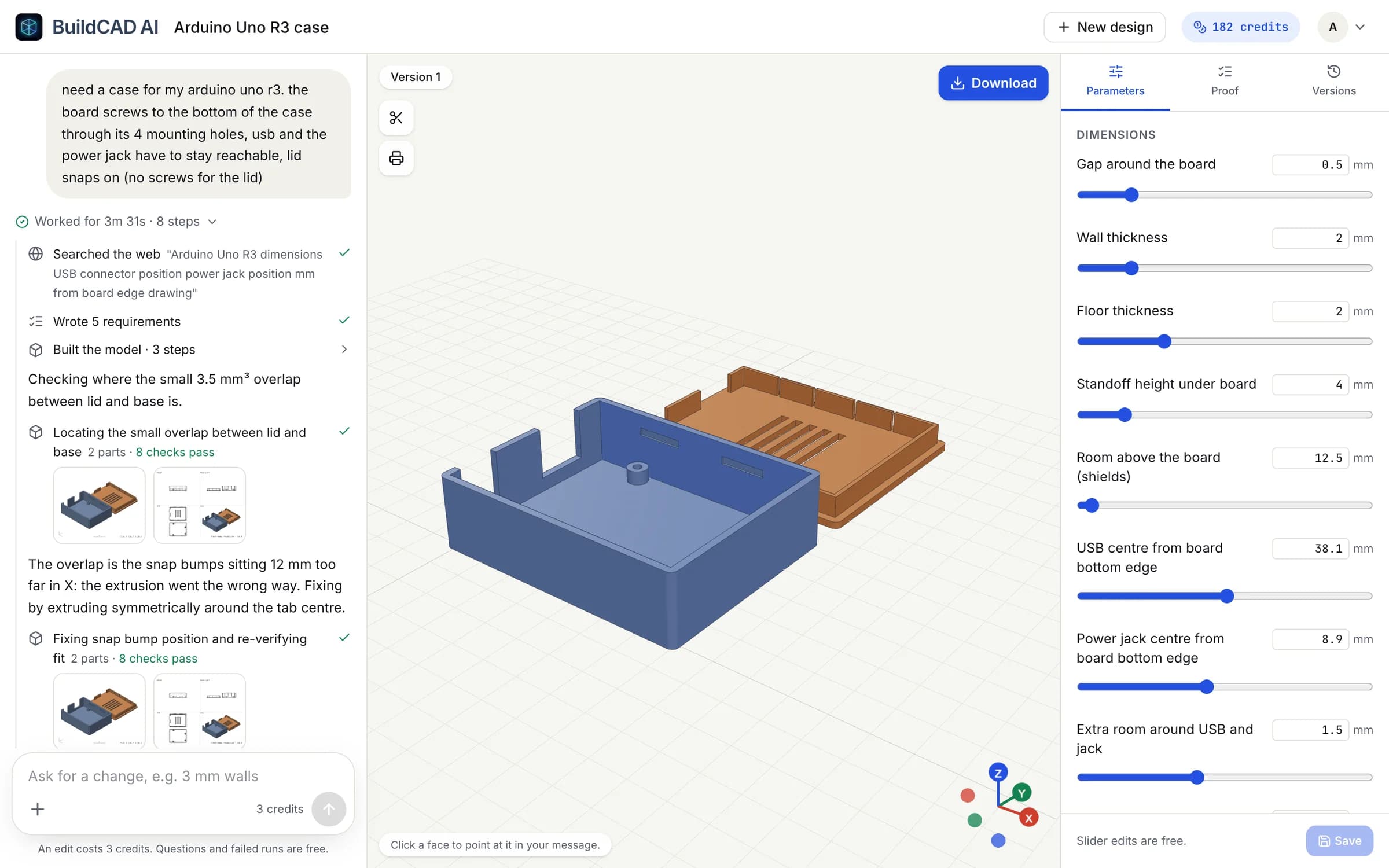BuildCAD AI workspace: the AI agent designed an Arduino Uno R3 case with a snap-on lid, shown in the 3D viewer with its parameter sliders and build steps