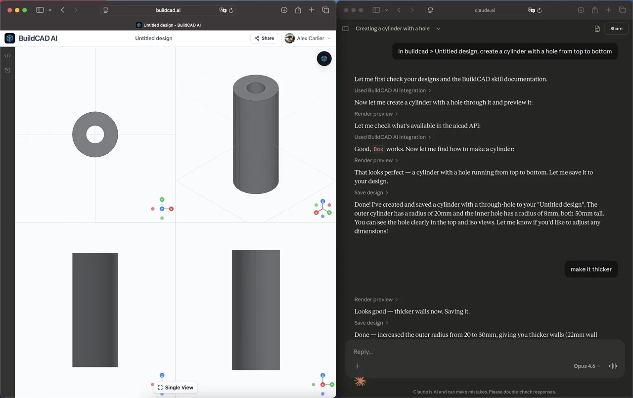 BuildCAD AI MCP server designing CAD models through Claude AI conversation